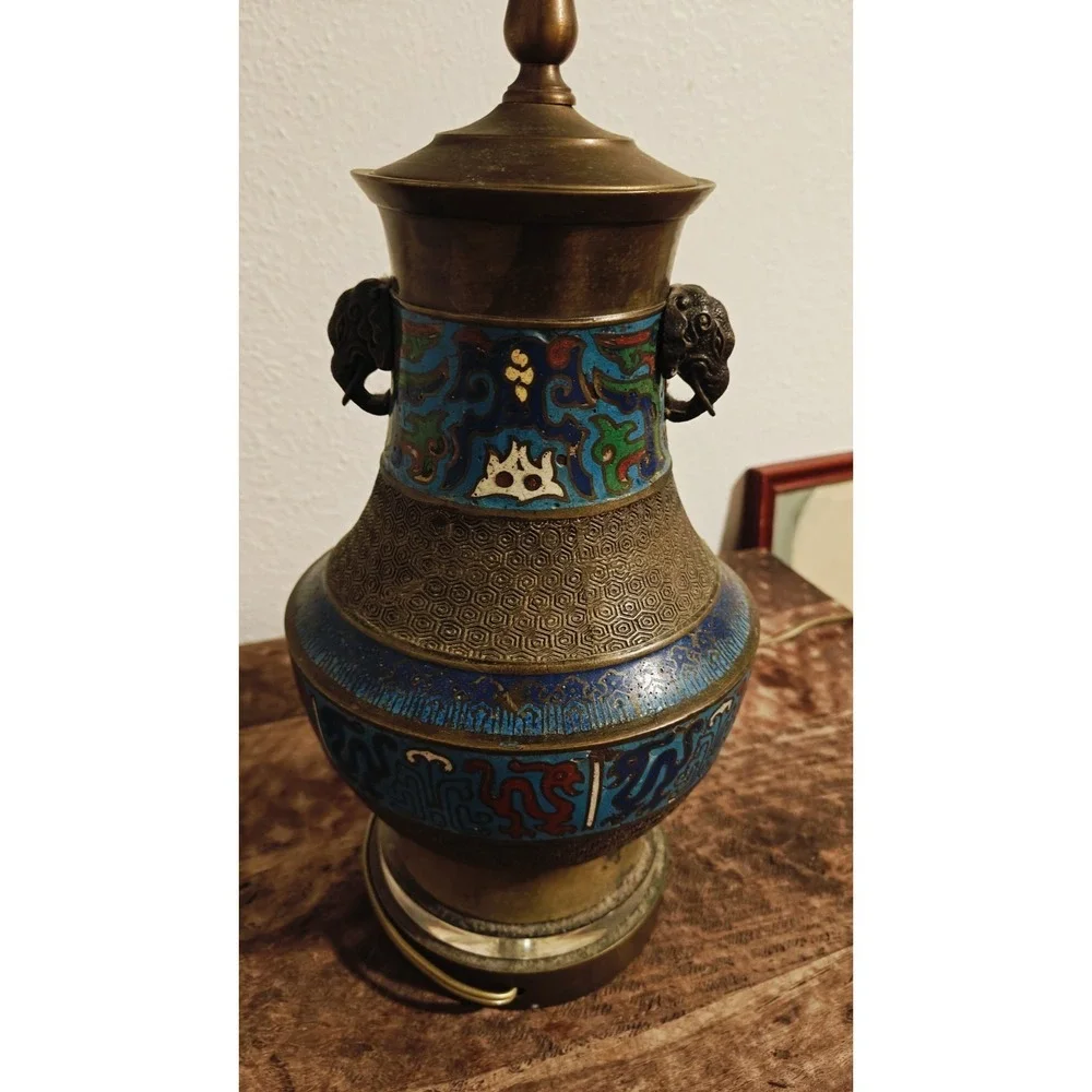 Vintage Japanese Champleve Bronze Enamel Cloisonne Table Lamp Works!